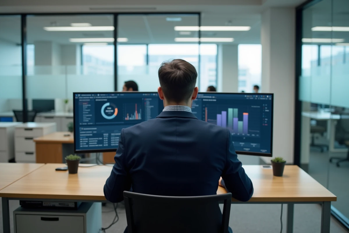 Manager informatique analysant des données sur deux écrans