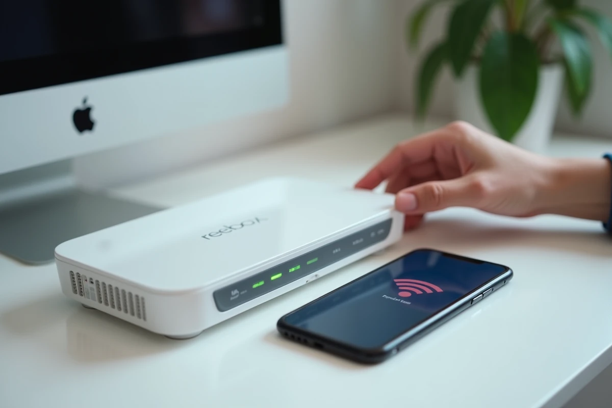 Gros plan d'une Freebox sur un bureau blanc avec un smartphone affichant une erreur wifi et des mains appuyant sur le bouton de réinitialisation