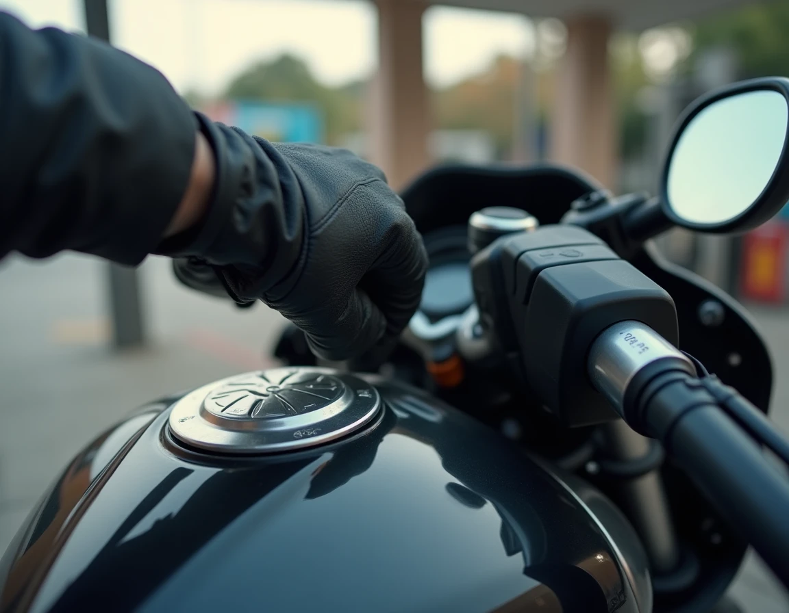 Gros plan sur le bouchon de réservoir d'un Yamaha Tmax 530 avec un pistolet de pompe SP98