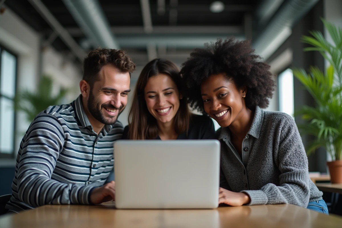Groupe de collègues découvrant ensemble les dernières tendances et actualités sur un ordinateur portable en espace de coworking