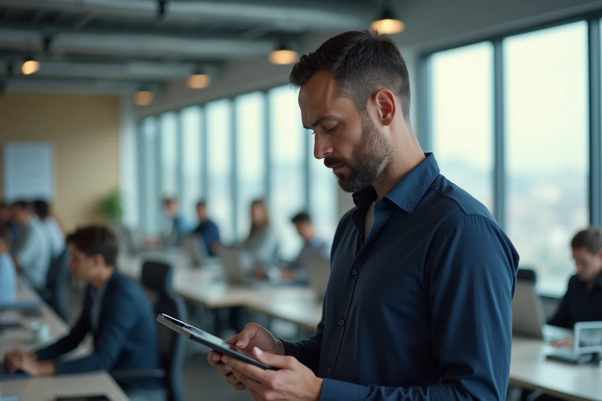 Homme d'affaires consultant les tendances et actualités du moment sur une tablette dans un bureau moderne