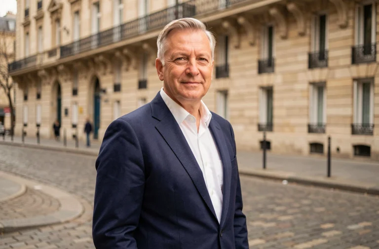 Homme d'affaires élégant sur un boulevard parisien illustrant le parcours franco-américain de Tony Scotti