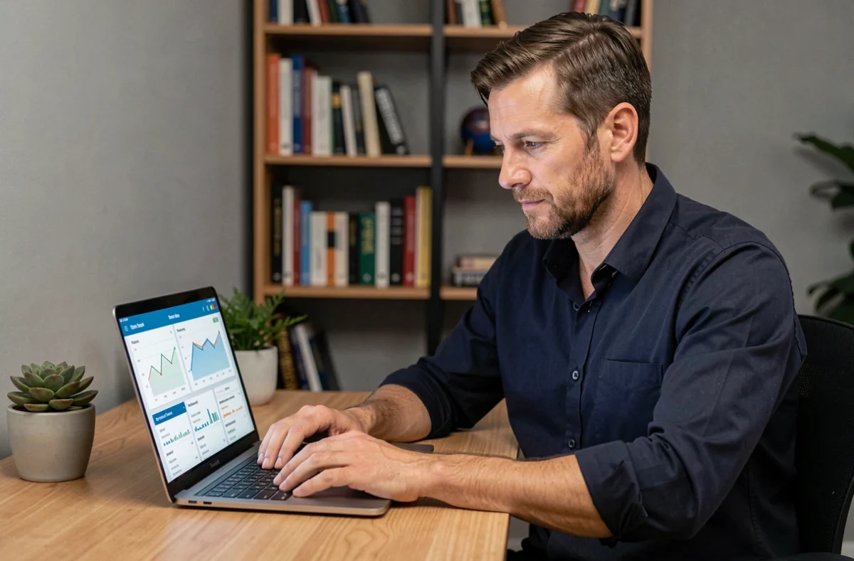 Homme utilisant une application de finances personnelles sur ordinateur portable dans un bureau à domicile