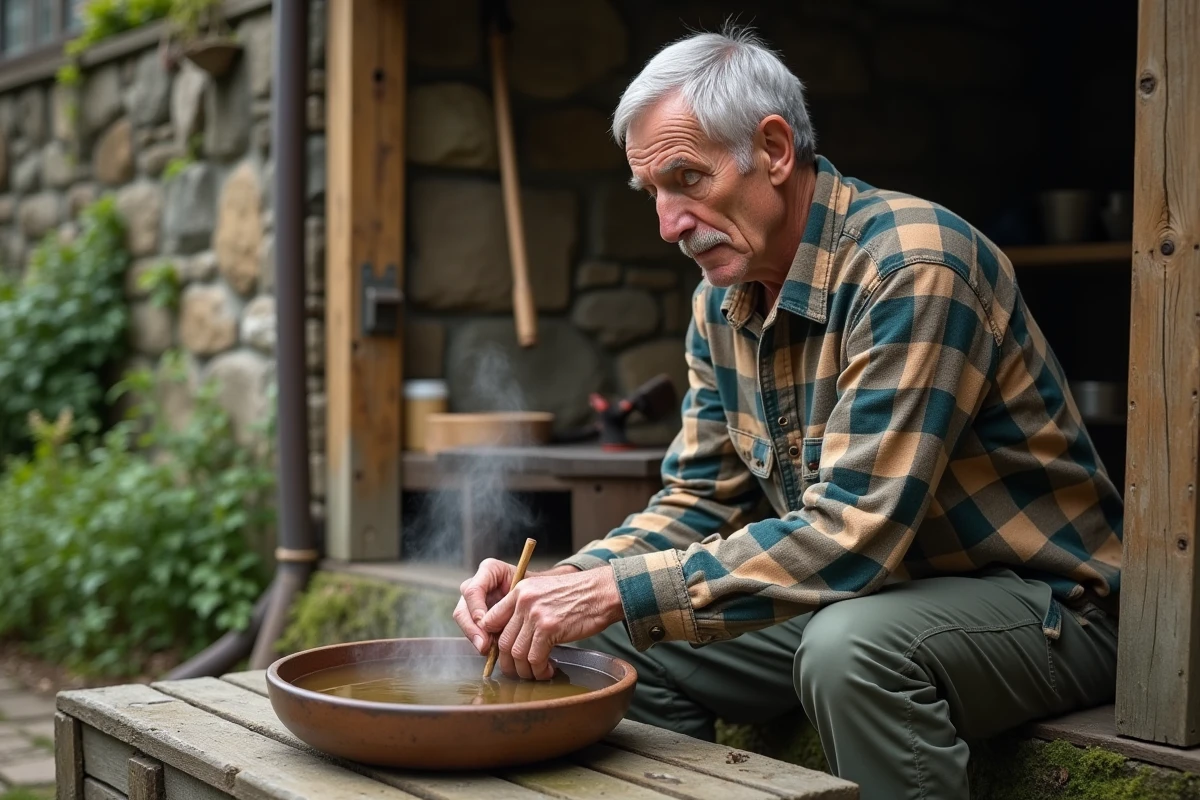 Homme âgé utilisant des baguettes de radiesthésie dans un jardin rustique