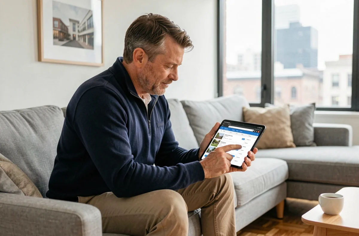 Homme consultant des annonces de location immobilière sur une tablette dans un appartement moderne