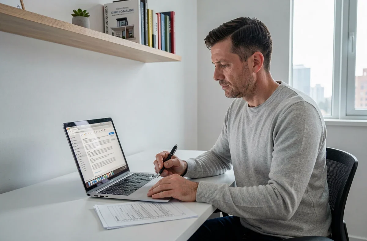 Homme lisant un contrat de prêt immobilier sur ordinateur portable dans un bureau à domicile moderne, conseils pour financement immobilier
