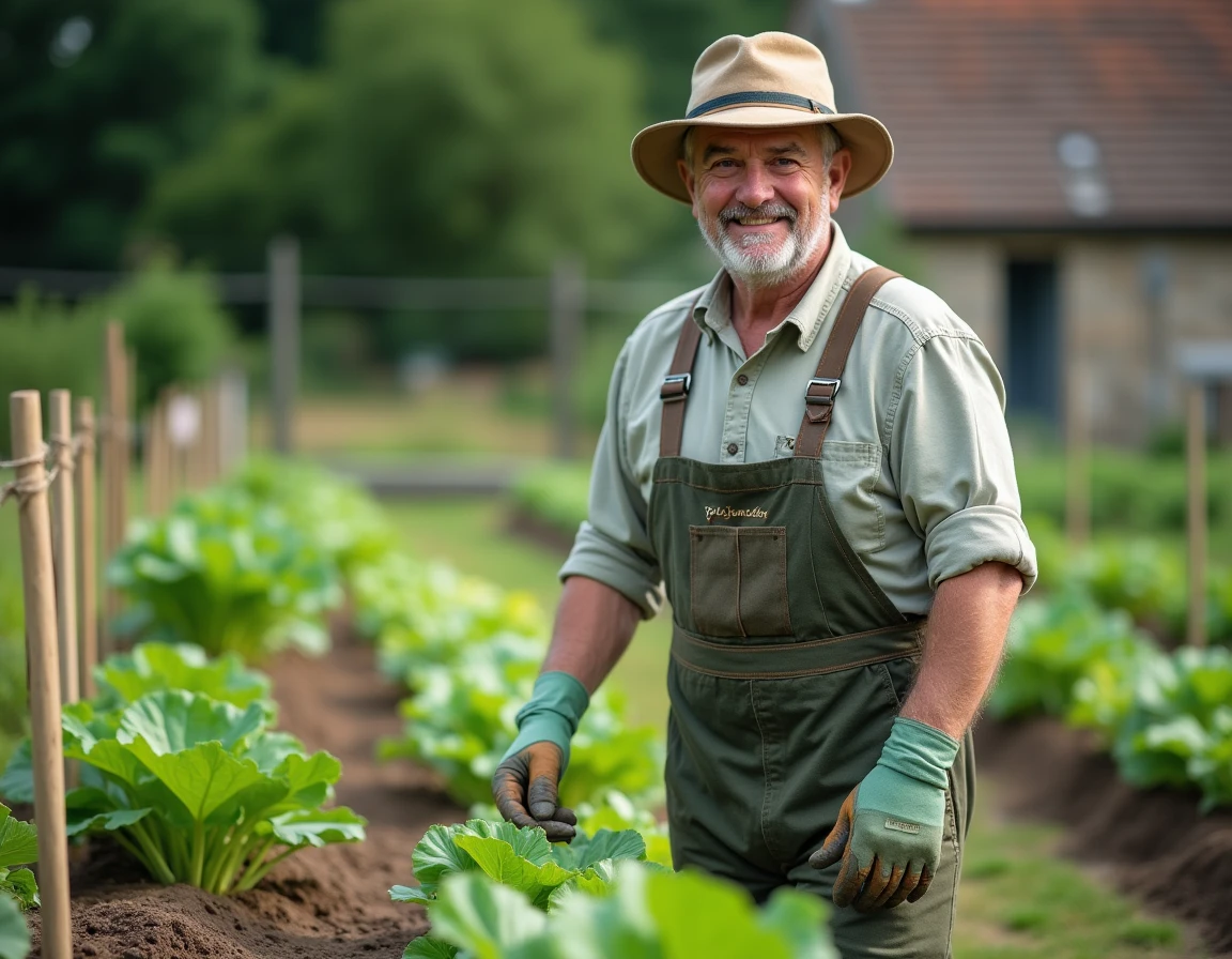 Homme âgé dans un grand potager rural avec rangées de carottes, courgettes et laitues organisées avec des tuteurs en bois