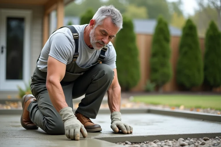 Hommes en combinaison posant du beton en extérieur