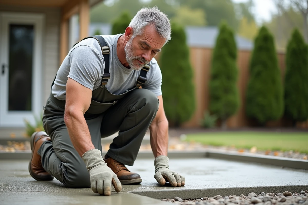 Hommes en combinaison posant du beton en extérieur