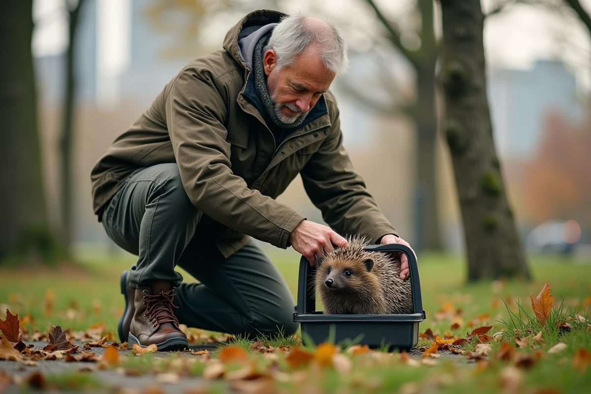 Homme aidant un hérisson blessé dans un parc urbain
