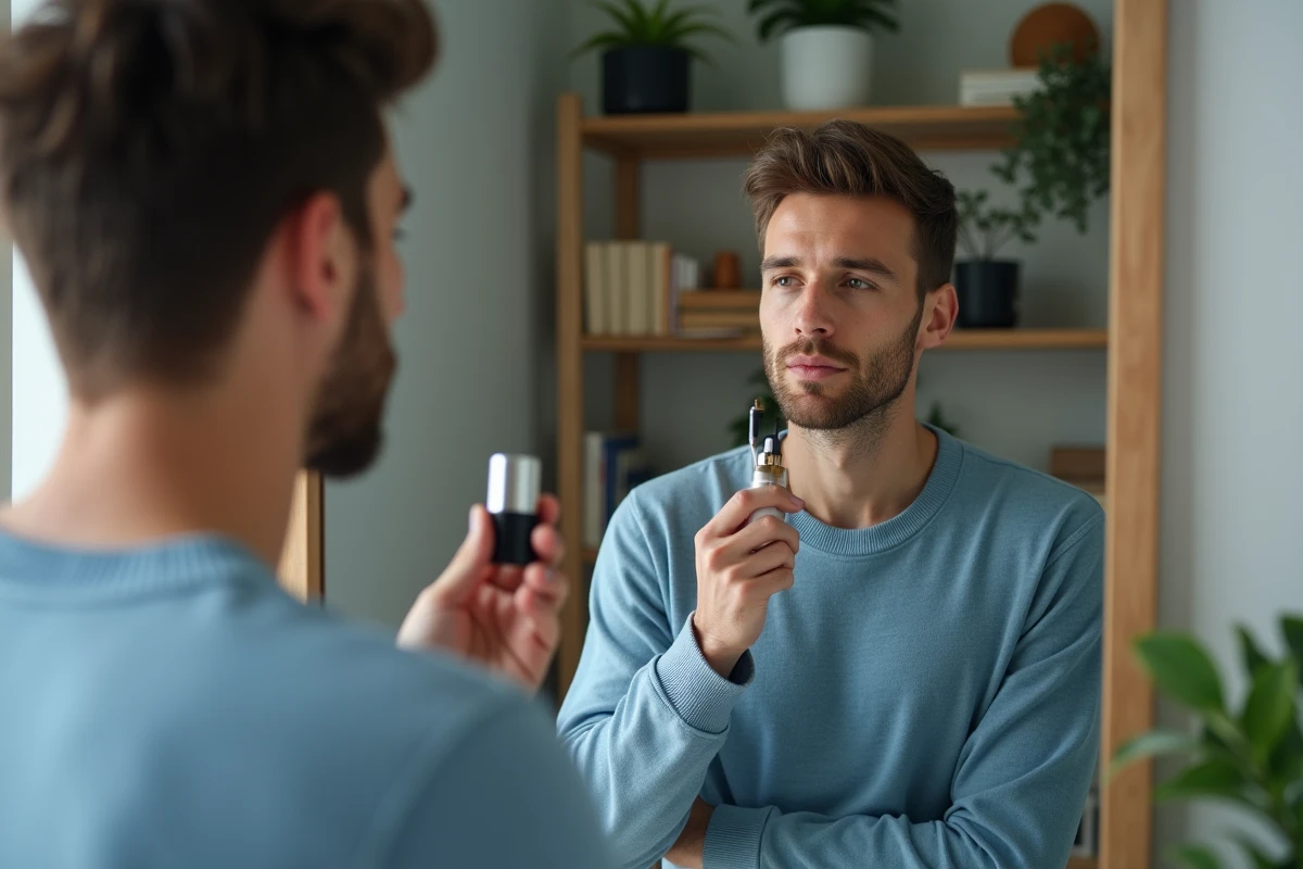 Jeune homme utilisant un sérum visage dans sa chambre