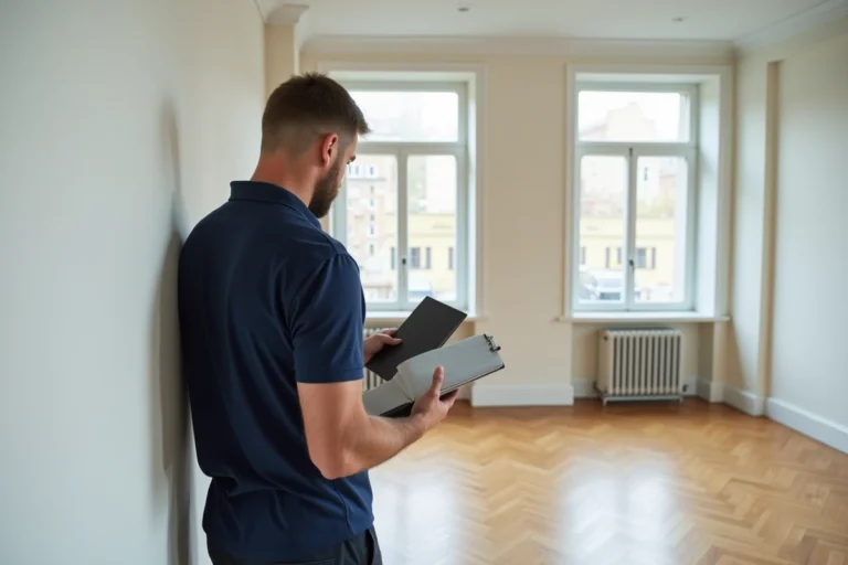 Inspecteur immobilier professionnel effectuant un état des lieux dans un appartement vide avec tablette numérique
