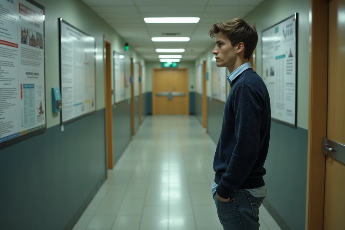 Jeune homme en couloir de gendarmerie en attente