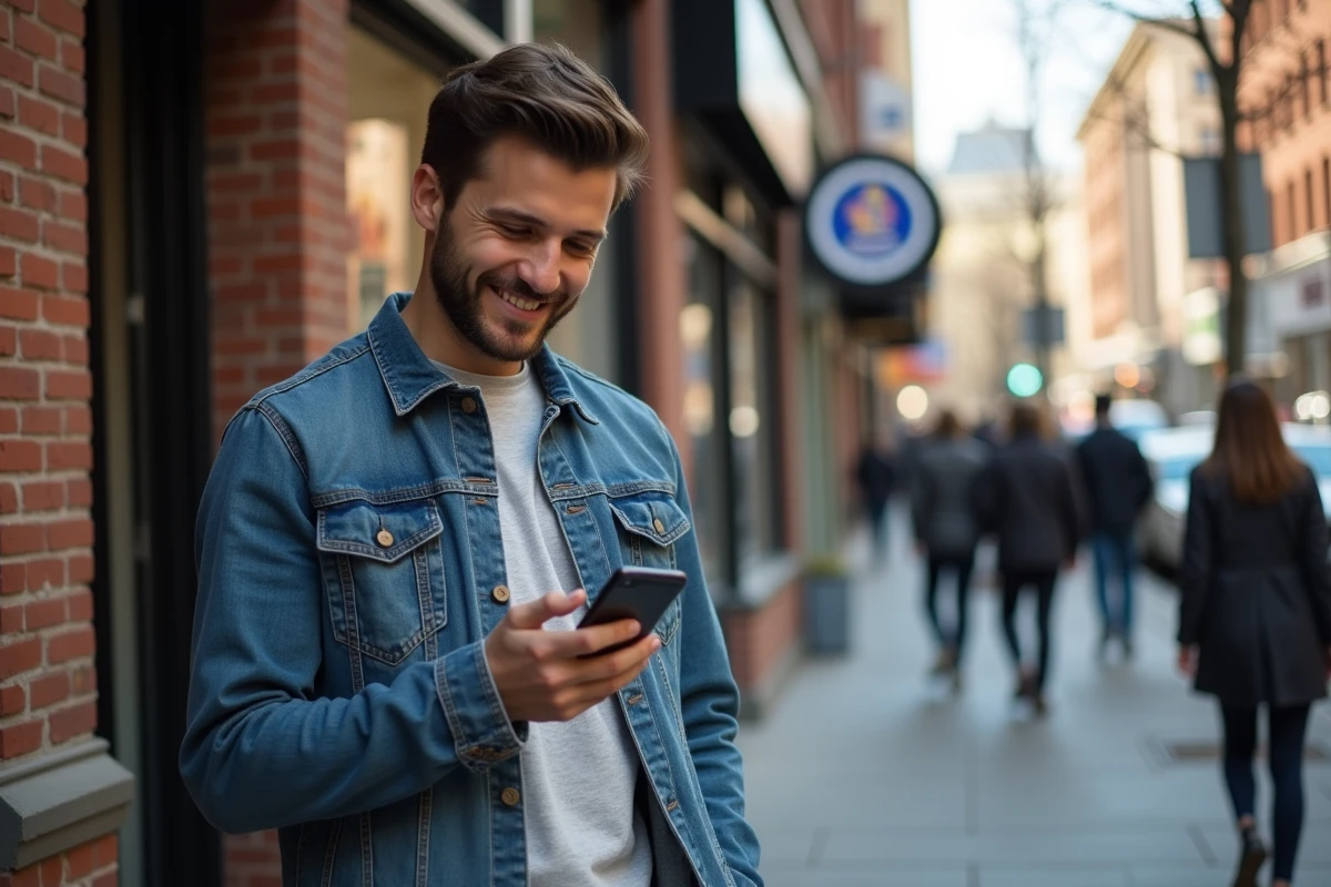 Jeune homme souriant vérifiant avis sur smartphone dans la rue