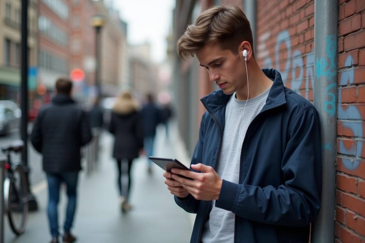 Jeune homme regardant une tablette dans la rue urbaine
