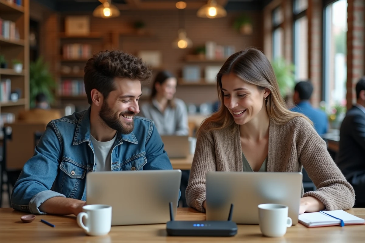 Deux jeunes adultes travaillant sur des ordinateurs portables dans un café co-working autour d'outils numériques
