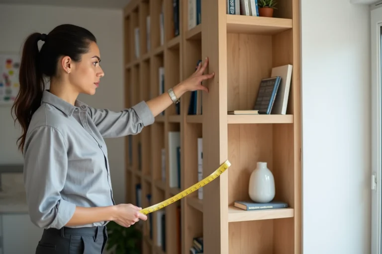 Femme mesurant les dimensions d'une bibliothèque intégrée en bois dans un salon scandinave