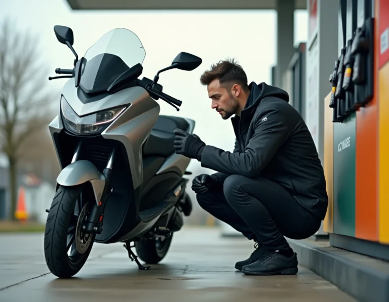 Motard lisant l'indice d'octane sur le bouchon de réservoir d'un Yamaha Tmax 530 à la pompe à essence