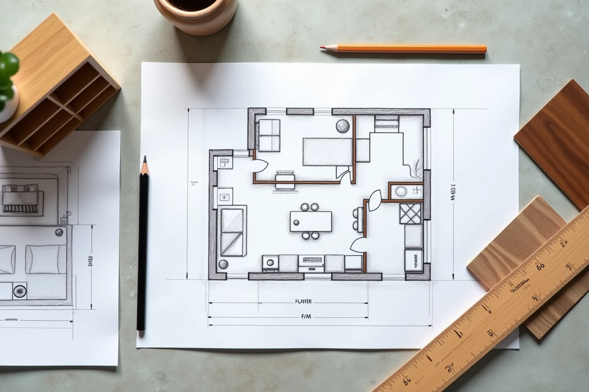 Plan de conception d'une bibliothèque sur mesure avec règle, croquis et échantillons de bois