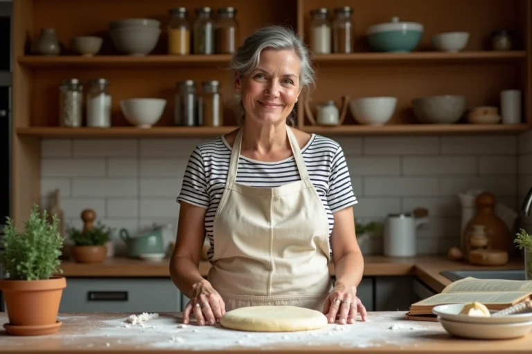 Femme préparant une pâte maison dans une cuisine familiale chaleureuse avec des ustensiles rustiques