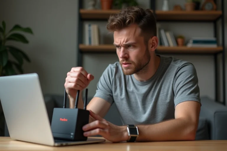 Homme frustré tenant une box internet et regardant son ordinateur portable en panne de wifi dans un appartement moderne