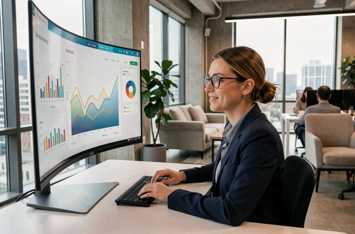 Une professionnelle du webmarketing analysant des données analytiques sur un écran incurvé dans un bureau moderne ouvert