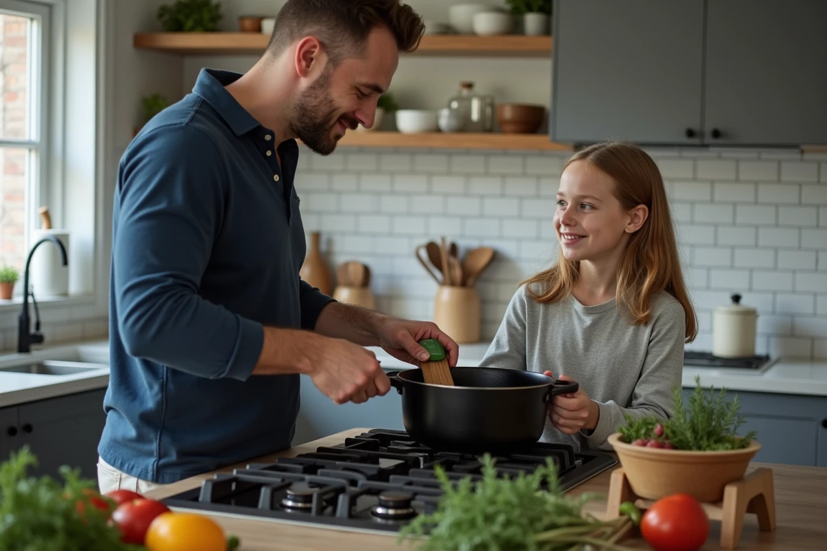 Père et fille cuisinant ensemble une recette familiale autour d'une cocotte en fonte