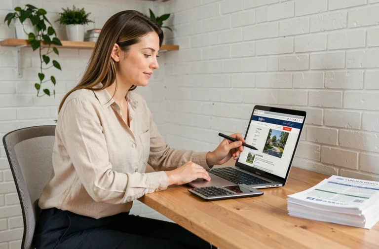 Femme cherchant un bien à louer sur un site immobilier depuis son bureau à domicile