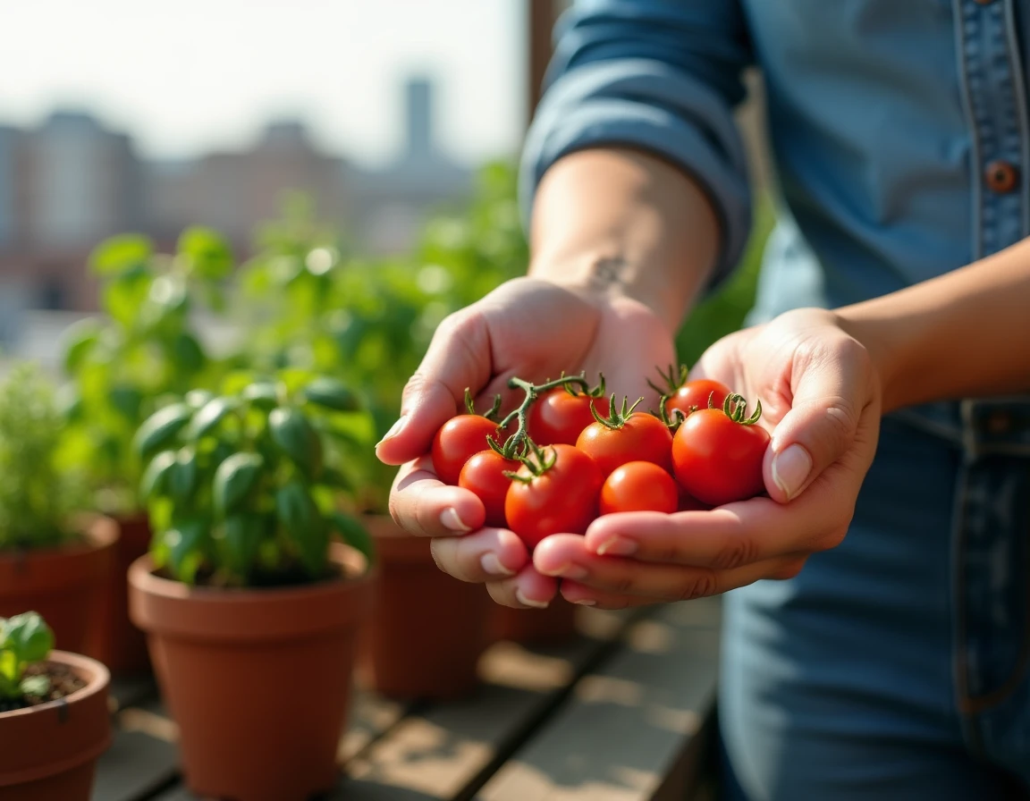 Mains de femme récoltant des tomates cerises et du basilic dans des pots en terre cuite sur un balcon urbain