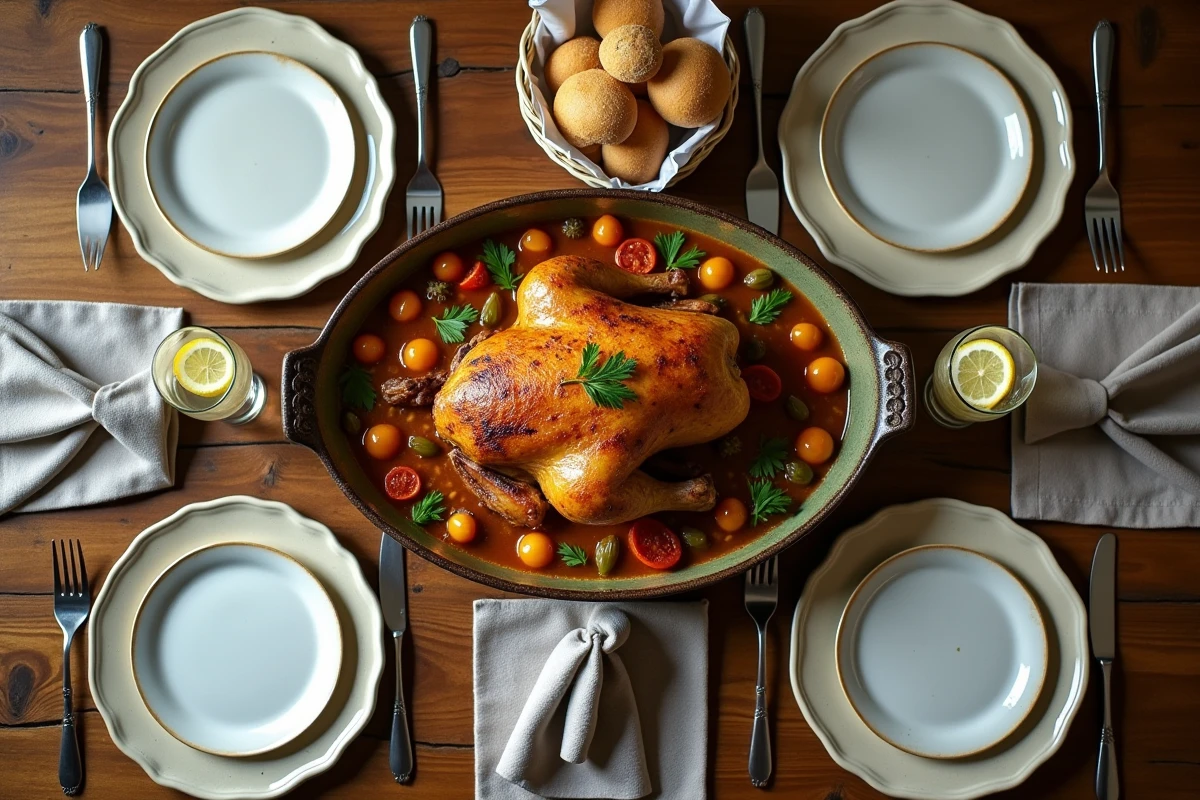 Repas familial complet avec poulet rôti et légumes sur une table dressée avec soin
