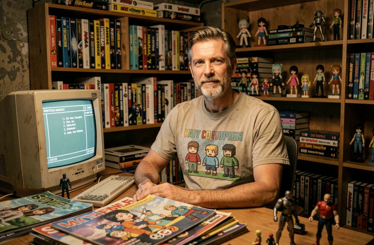 Homme geek nostalgique assis devant un bureau rétro encombré de figurines et jeux vidéo anciens, symbolisant le grand retour de la culture geek des années 2000