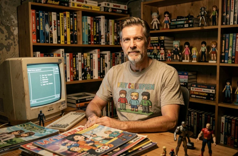 Homme geek nostalgique assis devant un bureau rétro encombré de figurines et jeux vidéo anciens, symbolisant le grand retour de la culture geek des années 2000