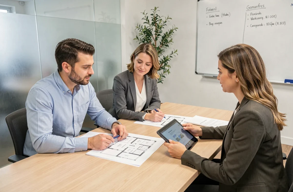 Couple de clients en réunion avec un agent immobilier pour discuter d'un projet d'achat immobilier