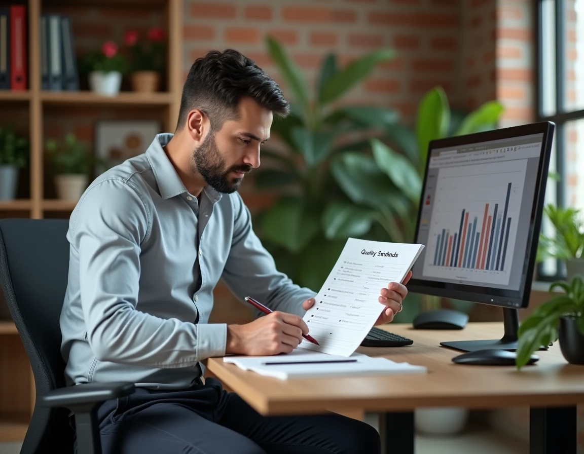 Professionnel révisant une liste de critères de qualité avec un stylo rouge dans un bureau moderne