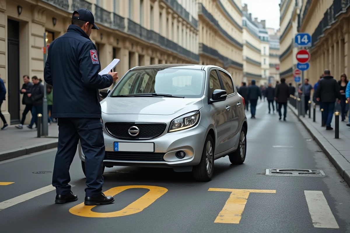Voiture garée sur une ligne jaune à Paris avec un agent verbalisateur en train d'apposer une contravention
