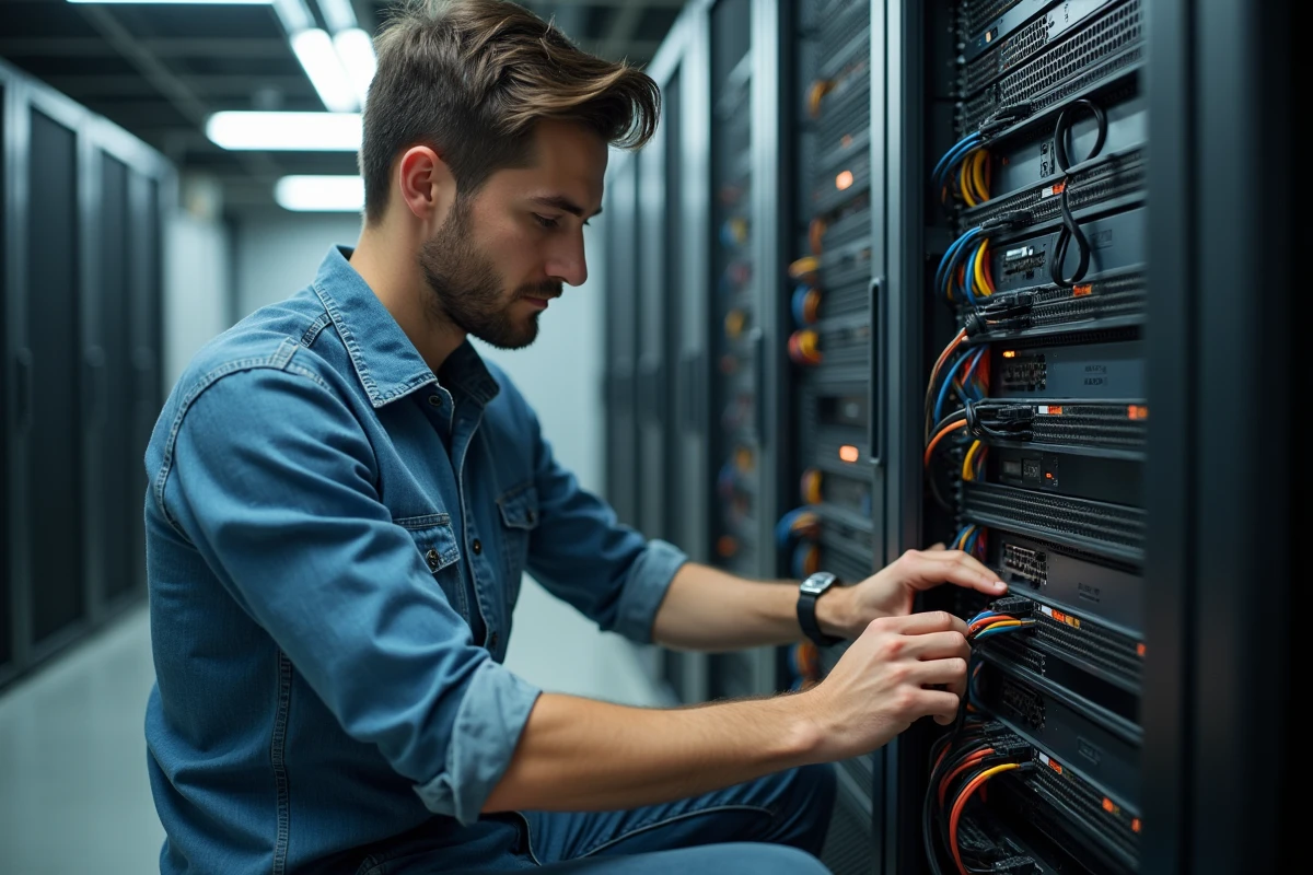 Technicien informatique vérifiant un serveur dans un centre de données