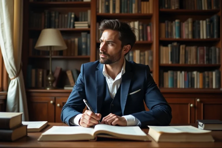 Portrait d'un homme politique pensif dans sa bibliothèque personnelle, entouré de livres de philosophie, illustrant la vie intellectuelle et privée de François-Xavier Bellamy
