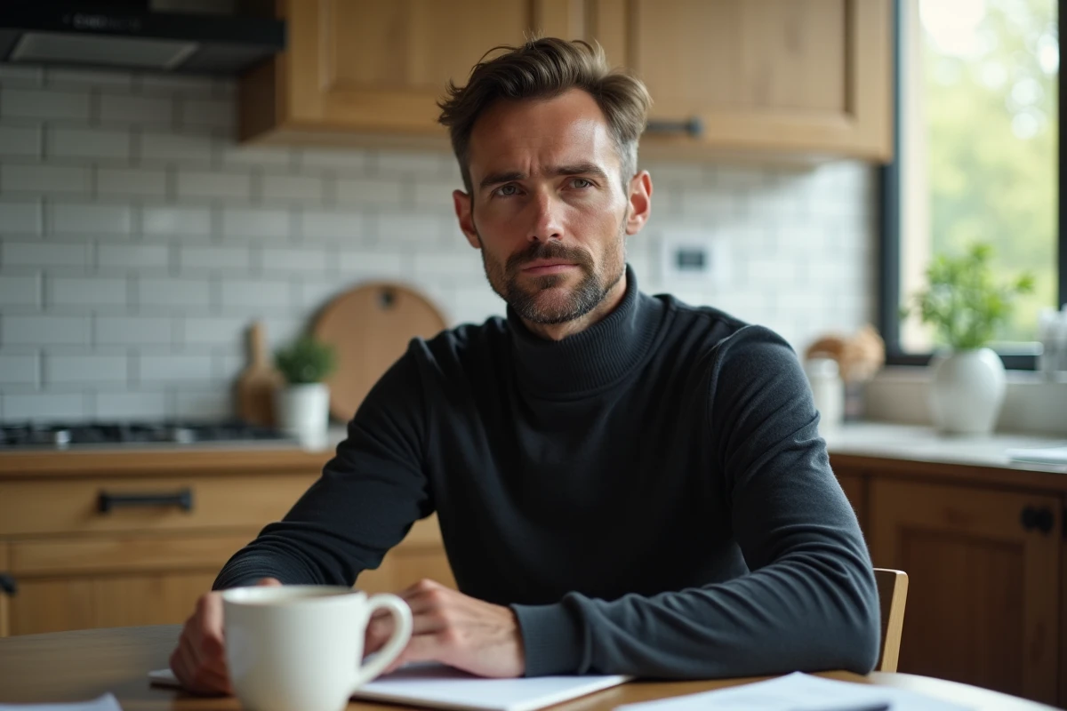 Homme concentré prenant son café dans une cuisine familiale française, scène intime illustrant la vie privée et domestique de François-Xavier Bellamy