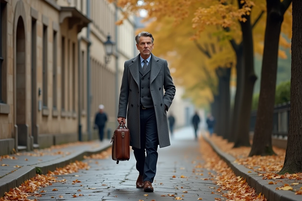 Homme élégant marchant seul dans une rue pavée française en automne, image évocatrice de la personnalité discrète et enracinée de François-Xavier Bellamy
