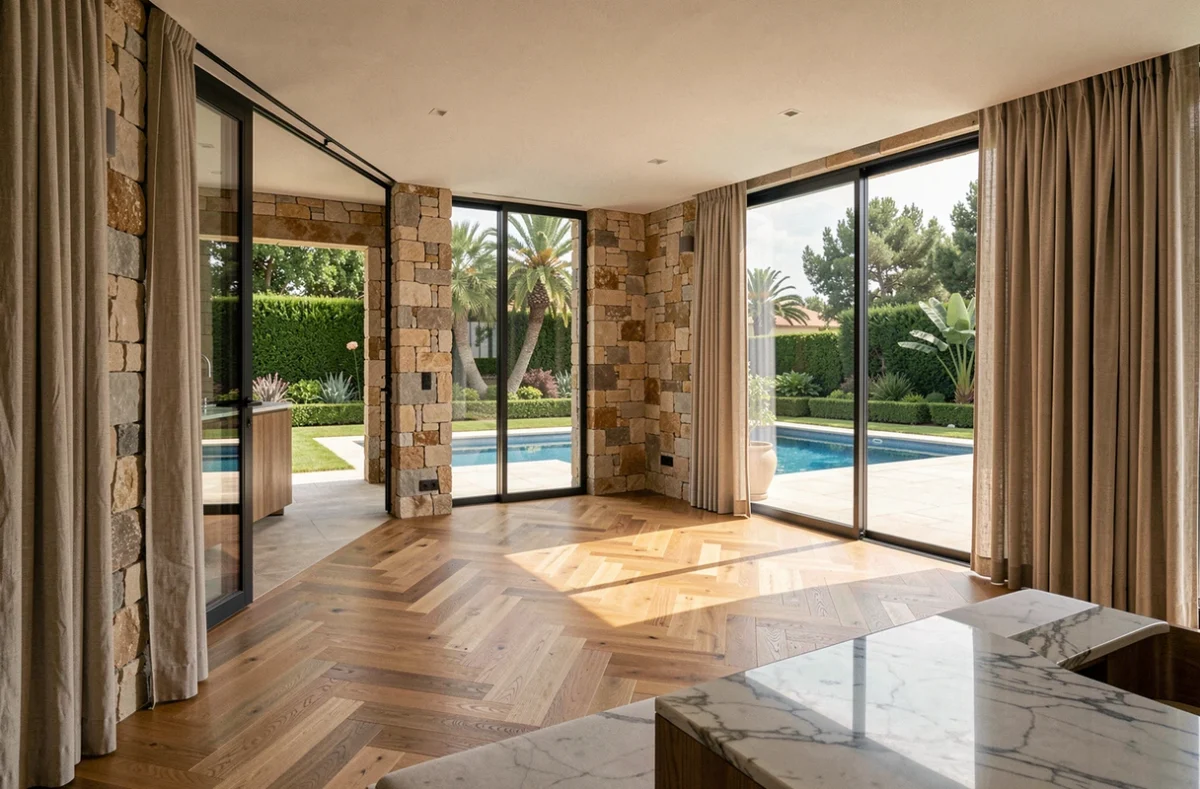 Intérieur luxueux d'une villa mêlant style parisien et californien illustrant le mode de vie et la fortune de Tony Scotti