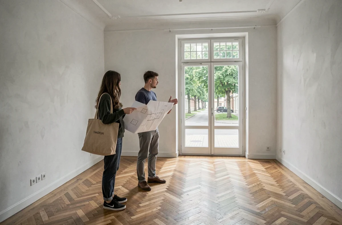 Deux étudiants visitant un appartement avec une agente immobilière à Strasbourg