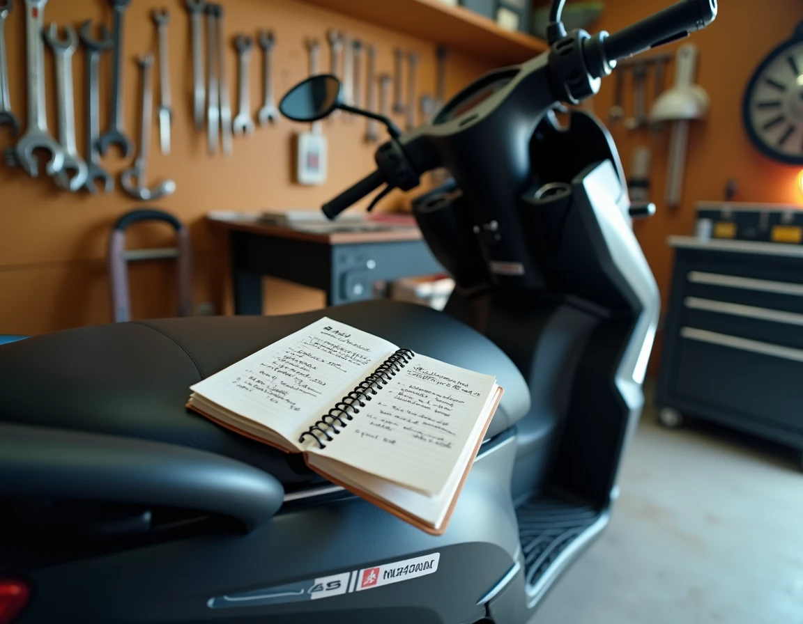 Yamaha Tmax 530 garé dans un garage avec un carnet de notes sur la compatibilité de l'essence et le manuel du propriétaire